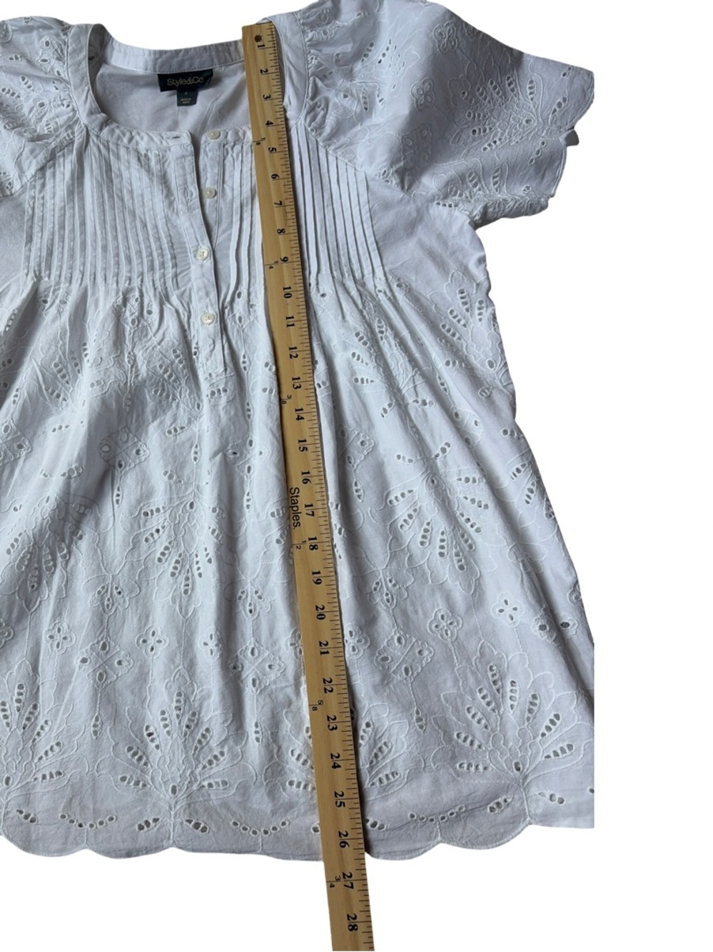 Style & Co. White Eyelet Pintuck Peasant Top